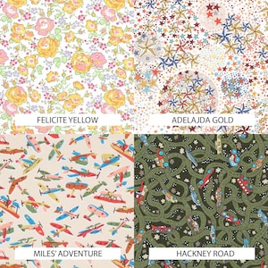 May include: A four-panel collage of patterned fabric swatches. Top left: Felicite Yellow with floral prints. Top right: Adelajda Gold with star motifs. Bottom left: Miles' Adventure with airplane illustrations. Bottom right: Hackney Road with car graphics.
