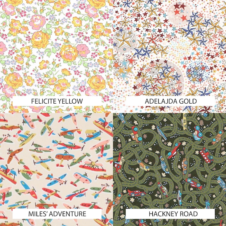 May include: A four-panel collage of patterned fabric swatches. Top left: Felicite Yellow with floral prints. Top right: Adelajda Gold with star motifs. Bottom left: Miles' Adventure with airplane illustrations. Bottom right: Hackney Road with car graphics.