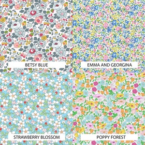 K&ouml;nnte beinhalten: Vier verschiedene florale Stoffmuster: Betsy Blue, Emma und Georgina, Strawberry Blossom und Poppy Forest.