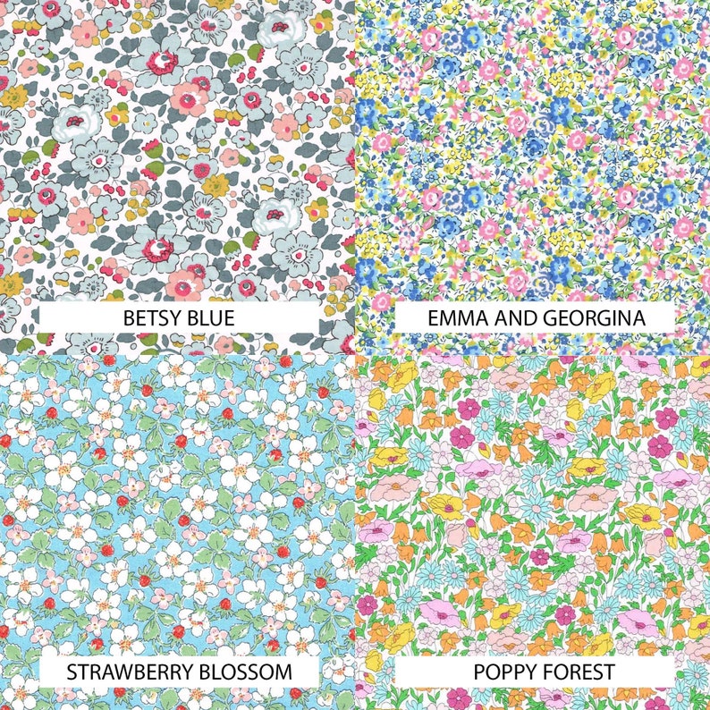 K&ouml;nnte beinhalten: Vier verschiedene florale Stoffmuster: Betsy Blue, Emma und Georgina, Strawberry Blossom und Poppy Forest.