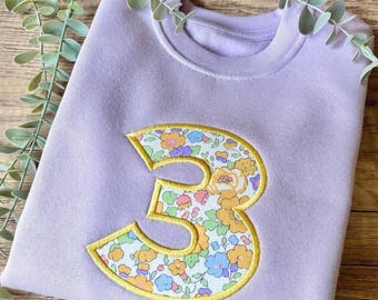 Pastel Purple Birthday Jumper | Embroidered Party Outfit | Liberty Fabric | Custom Sweatshirt | Birthday Boy | Birthday Girl | Gift Idea