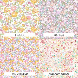 K&ouml;nnte beinhalten: Vier Stoffmuster mit unterschiedlichen Mustern. Das Muster oben links zeigt einen wei&szlig;en Hintergrund mit einem kleinen Blumenmuster in Rosa, Gelb und Gr&uuml;n. Das Muster oben rechts zeigt einen wei&szlig;en Hintergrund mit einem kleinen Blumenmuster in Rosa, Blau und Gr&uuml;n. Das Muster unten links zeigt einen wei&szlig;en Hintergrund mit einem kleinen Blumenmuster in Rosa, Gelb und Blau. Das Muster unten rechts zeigt einen wei&szlig;en Hintergrund mit einem kleinen Sternmuster in Rot, Gelb und Blau. Die Muster sind mit "Felicte", "Michelle", "Wiltshire Bud" und "Adeljada Yellow" beschriftet.