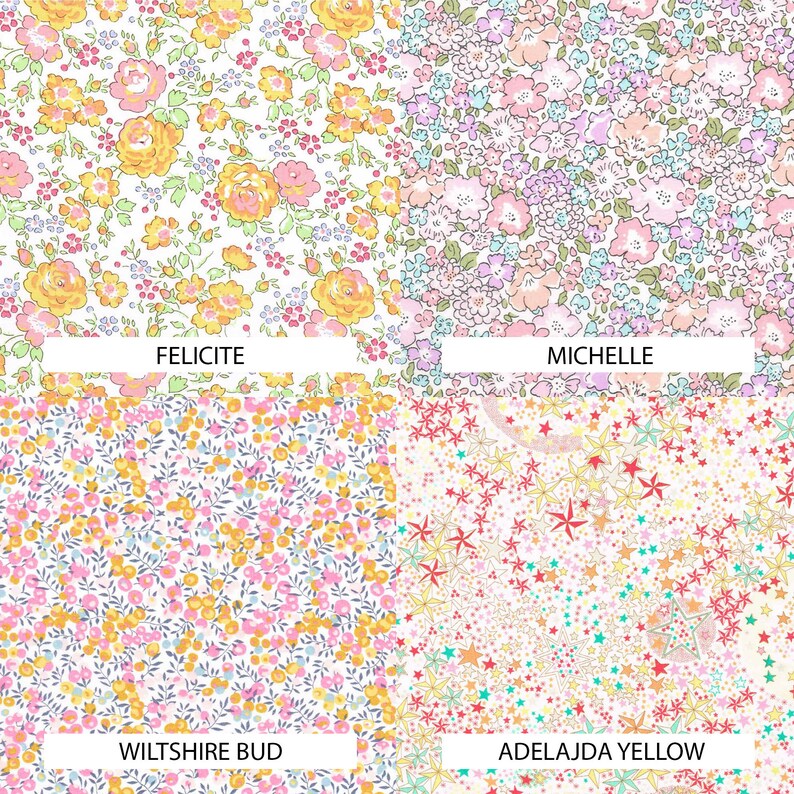 K&ouml;nnte beinhalten: Vier Stoffmuster mit unterschiedlichen Mustern. Das Muster oben links zeigt einen wei&szlig;en Hintergrund mit einem kleinen Blumenmuster in Rosa, Gelb und Gr&uuml;n. Das Muster oben rechts zeigt einen wei&szlig;en Hintergrund mit einem kleinen Blumenmuster in Rosa, Blau und Gr&uuml;n. Das Muster unten links zeigt einen wei&szlig;en Hintergrund mit einem kleinen Blumenmuster in Rosa, Gelb und Blau. Das Muster unten rechts zeigt einen wei&szlig;en Hintergrund mit einem kleinen Sternmuster in Rot, Gelb und Blau. Die Muster sind mit "Felicte", "Michelle", "Wiltshire Bud" und "Adeljada Yellow" beschriftet.