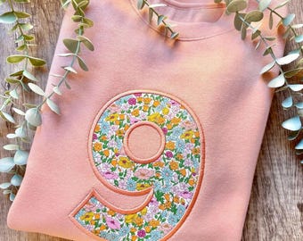 Dusty Pink Birthday Jumper | Embroidered Party Outfit | Liberty Fabric | Custom Sweatshirt | Birthday Boy | Birthday Girl | Gift Idea