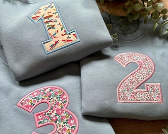 Dusty Blue Birthday Jumper | Embroidered Party Outfit | Liberty Fabric | Custom Sweatshirt | Birthday Boy | Birthday Girl | Gift Idea