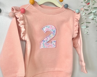 Frill Sleeve Birthday Jumper in Dusty Pink | Embroidered Party Outfit | Liberty Fabric | Custom Sweatshirt | Birthday Girl | Gift Idea