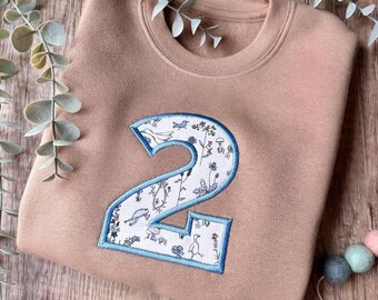 Taupe Birthday Jumper | Embroidered Party Outfit | Liberty Fabric | Custom Sweatshirt | Number  | Birthday Boy | Birthday Girl | Gift Idea