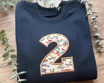 Navy Birthday Jumper | Embroidered Party Outfit | Liberty Fabric | Custom Sweatshirt | Number  | Birthday Boy | Birthday Girl | Gift Idea