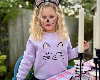 Liberty Cat Halloween Jumper | Spooky Witch Cat Sweatshirt | Embroidered Treat or Treat Outfit | Cute Liberty Fabric Design | Gift Idea