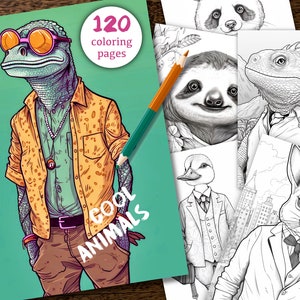 120種類の着ぐるみ動物のぬり絵、印刷可能な動物のぬり絵、大人と子供向けのグレースケールぬり絵、かわいい動物のぬり絵