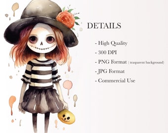 Watercolor Halloween Clipart | PNG Graphics, Jack-O-Lantern, Witch, Ghost, Spider, Bat, Zombie, Instant Download for Commercial Use