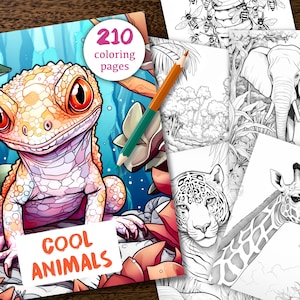 210 Animals Coloring Book, Printable Animal Coloring Pages, Grayscale Coloring Book for Adult Kids, Cute Life Animals