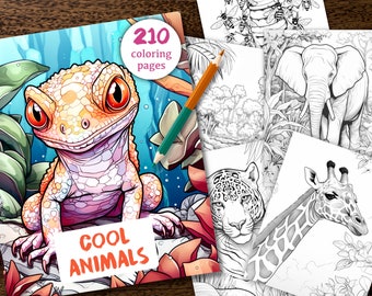 210 Tiere Malbuch, druckbare Tier Malseiten, Graustufen Malbuch für Erwachsene Kinder, süße Tiere
