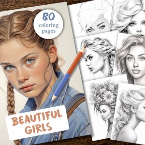 80 Pretty Lady - Libro de páginas para colorear de mujeres hermosas, cabello, flores, Descarga instantánea para adultos y niños, Coloración en escala de grises, PDF imprimible de regalo