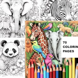 Kleurboek 70 dieren, afdrukbare dierenkleurplaten, kleurboek in grijstinten voor volwassen kinderen, schattige dieren