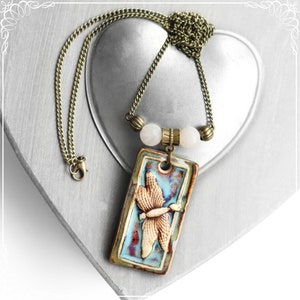 Vintage necklace &#39;Dragonfly&#39;, Art Deco ceramic rose quartz