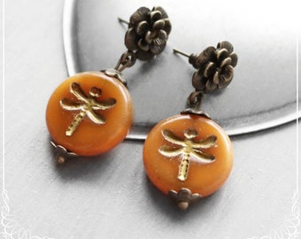 Cute Bohemian earrings 'dragonfly flight', romantic earrings with flowers