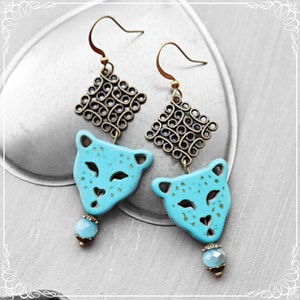 Casual earrings &#39;Leo & Part&#39;, ethnic earrings howlite gemstone, hippie cat ear jewelry turquoise