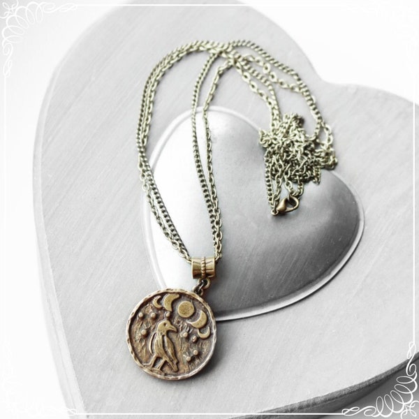Ethno Collier 'Moon Guardian', Collier Vintage Moon Phases et Bird