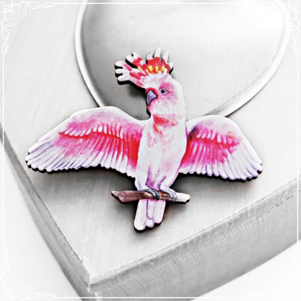 Cute wooden brooch 'Kakadu', wooden pin pink parrot, laser cut brooch