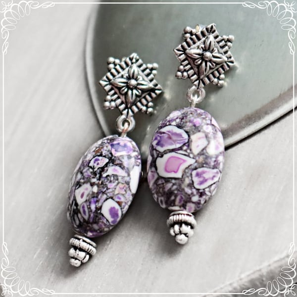 Unique Earrings 'Lilac Drops', Howlith Gemstone Earrings, Art Deco Art Nouveau Earrings