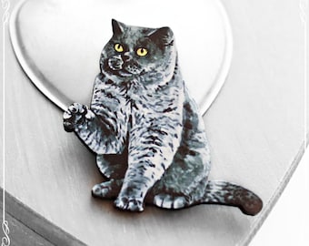 Cute wooden brooch 'Cheeky', wooden pin black cat, laser cut brooch