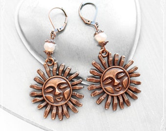 Art Deco Earrings 'Solaris', Art Nouveau Earrings Copper Sun