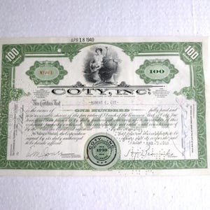 Vintage Coty Inc. Share Certificate – 1939 – Early American Cosmetic Industry