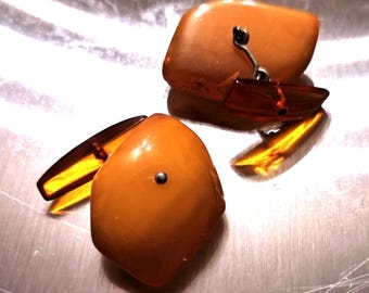 Vintage Amber Cufflinks, USSR, Nature Inspired Accessories