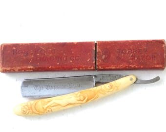 Navaja de afeitar antigua The Express Value, mango de celuloide ornamentado