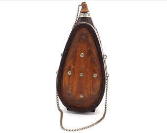 Vintage Wooden Flask with Metal Bands, Folk Art Liquor Bottle, Rustic Handmade Wooden Canteen, Ethnographic Bar Decor, Hunting Flask