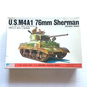 Rare Vintage Bandai 1/48 M4A1 Sherman Tank Model Kit – WWII US Army – 1970s Pin Point Series