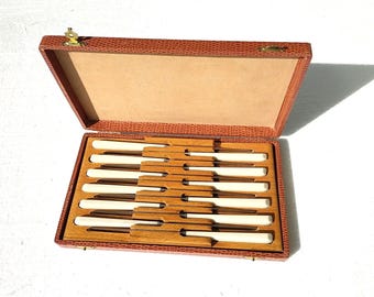 Conjunto de facas de mesa francesas vintage Thiers Issard Inox 69 Crown Mark, conjunto de talheres de cozinha de meados do século XX com caixa.