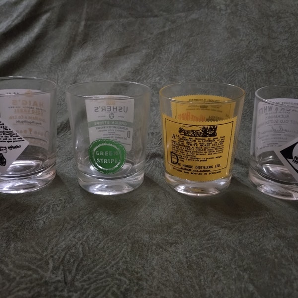 4 Scotch Whisky Glass Black & White, Haig's, Usher's , White Horse Glass