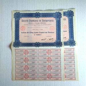 Historic Stock Certificate from Société Française de Sucrateries: A Rare Piece of France&#39;s Sugar Industry History. 1924