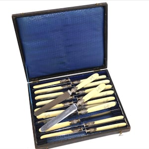 May include: A set of twelve knives with cream-colored handles and silver-toned metal bolsters, arranged in a dark brown rectangular presentation box with a blue fabric-lined interior. Each knife features a metallic blade and a decorative handle.