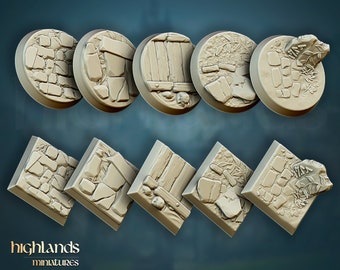 Cobbled bases, highland miniatures, questing knights, 20mm square, 25mm round