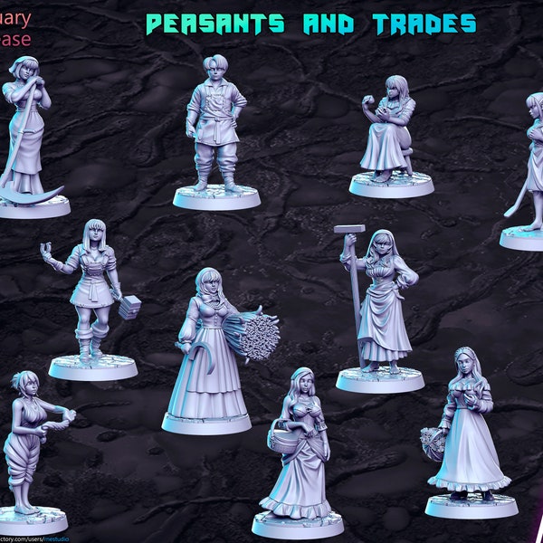 Peasants and Trades, 10 Models, RN Estudio, Villagers, Market, RPG, ROleplaying, Tabletop, 32mm