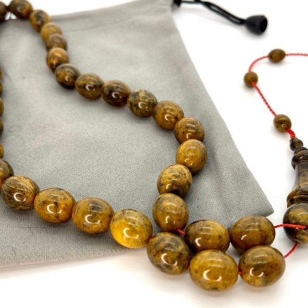 Amber Rosary Oval Beads Islamic 33 prayers Oval Shape Handmade beaded brown black yellow green colors on Red String 45 grams Misbaha Tasbih