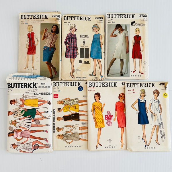 Vintage Sewing Patterns Butterick 3570, 3599, 3722, 6320, 4818, 4360, 4309, 1970s Dress, Skirt, Top, Tennis Skirt, Golf Skirt