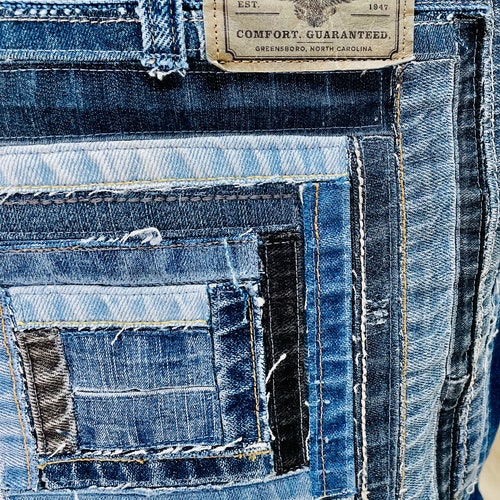 Split Personality Upcycled Recycled Large Denim Jean Handbag Purse shops Made from Jeans and Jean Hems and Waistbands