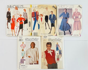 Vintage Sewing Patterns McCalls 8701, 2698, 3257, Simplicity 8911, 7669 from 1980s, Dress, Vest, Top, Blazer, Pants, Skirt, Prairie Dress