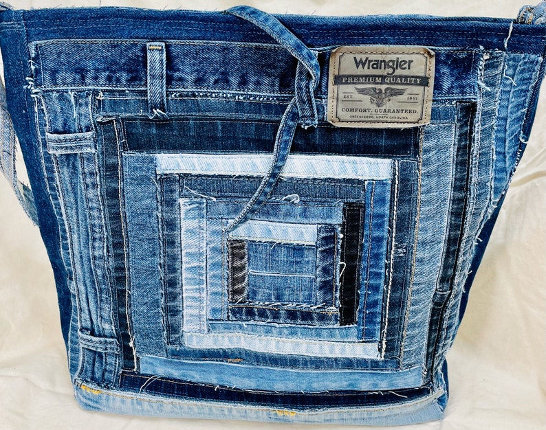 Split Personality Upcycled Recycled Large Denim Jean Handbag Purse shops Made from Jeans and Jean Hems and Waistbands