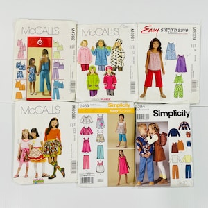 May include: A collection of six sewing patterns for children's clothing. The patterns are from McCall's and Simplicity brands. The patterns include designs for dresses, skirts, pants, shirts, jackets, and a coat. The patterns are for sizes 4-6, 6-8, and 8-10.