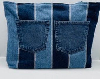 Stripe Tease Upcycled Jean Denim Shoulder Crossbody Handbag Purse One-of-a-Kind Handmade from Strip-Pieced Jean Denim with Accent Stitching