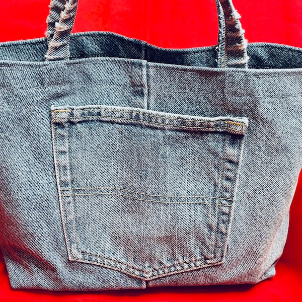 Totechaso Upcycled Recycled Jean Denim Unlined Tote Bag with Jean Hem Straps