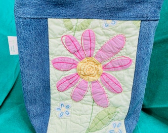 Flower Power Upcycled Recycled Tote Bags Made from Denim from Jeans and Quilted Pillow Sham