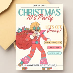 May include: A retro Christmas party invitation with a beige background and a matching envelope. The invitation features a cartoon Santa Claus on roller skates, a red sack, and the text "Christmas 70's Party". Includes date, time, and RSVP information.