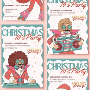 May include: A collection of retro-style Christmas party invitations. Each invitation features a festive design with illustrations of characters in 70s attire, the text "Christmas 70's Party", and event details.