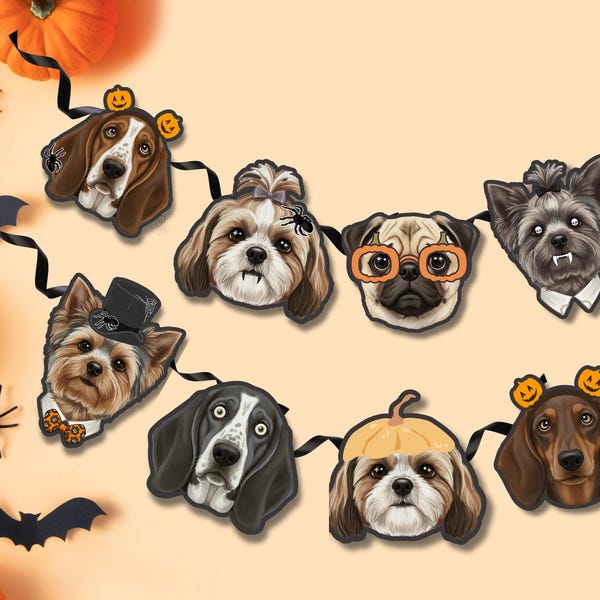 Spooky Dog Halloween Party Banner, Printable DIY puppy Costume Bunting, Digital Download, Pumpkin Dogs
